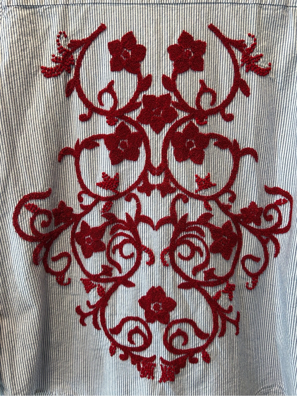 Soft Surroundings Blue Stripe Embroidered Button Up Shirt Boho Timeless Size L - Picture 3 of 7